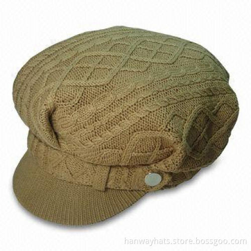 Lady's Winter Cotton Fashion Knit Newsboy Cap with Multi-pattern Design and Metal Stud Trim